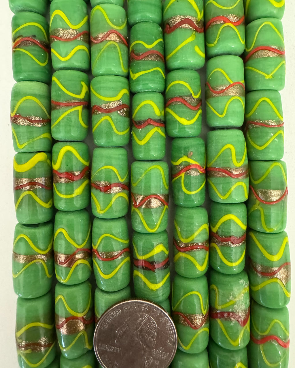 wavy lines motif glass, lime green red yellow copper, 22x12mm tube mix, 15