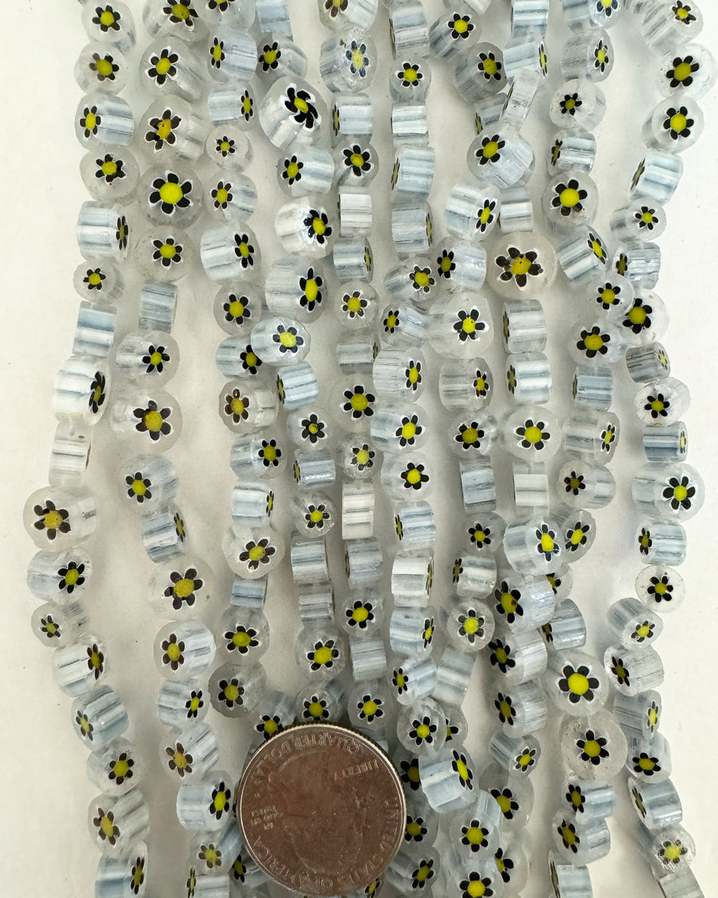 flower motif glass, gray black yellow, 8x8x5mm coin, 15