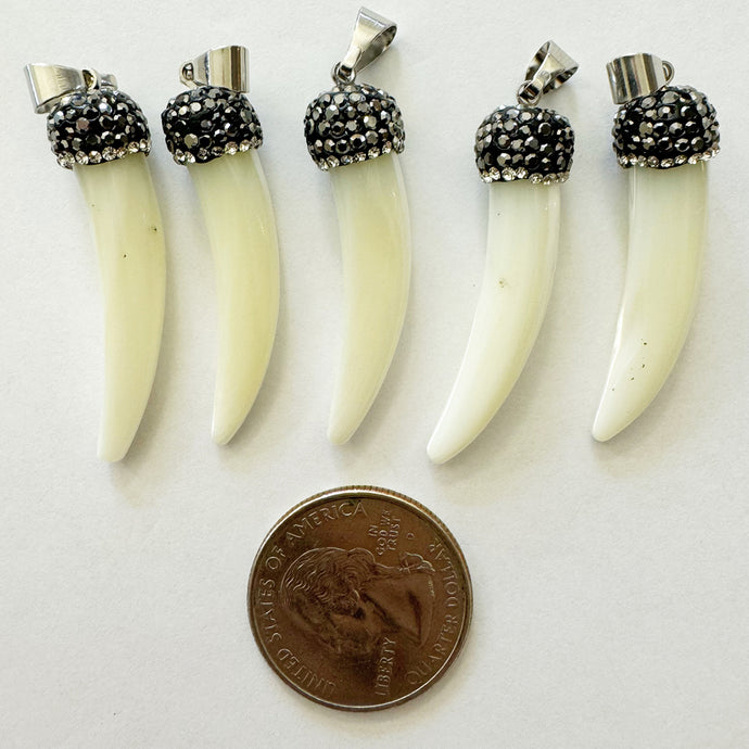 natural shell, crystal clay, 40x10mm variable size tusk shape pendant, sold per piece