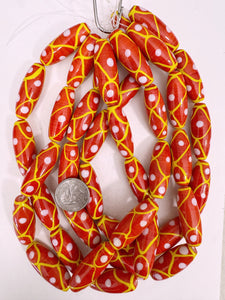 dot crossing line motif glass, pale red yellow white, 41x16mm bowed tube, sold per 15" strand