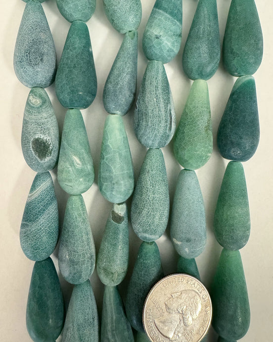 color enhanced matte finish blue green white agate, 31x13mm teardrop pear, 15