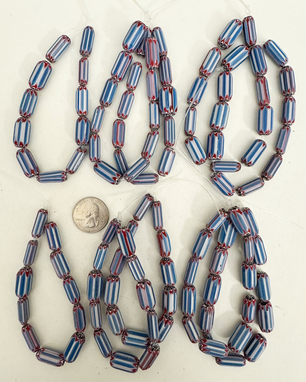 chevron motif glass, red white blue black, 19x8mm tube size mix,  10 strand closeout lot