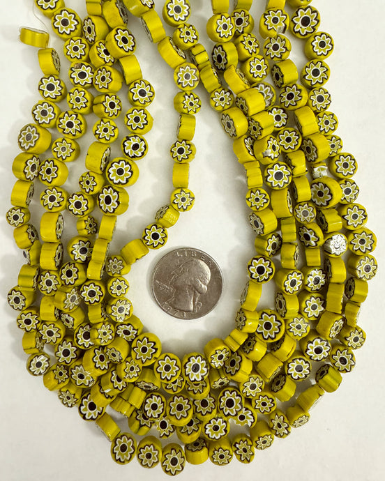 floral motif glass, mustard yellow black white, 7-9mm coin mix, 15