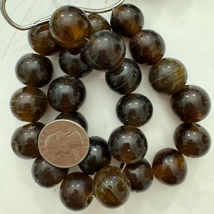 glass, dark golden amber, 18mm round, 12 piece strand, sold per strand