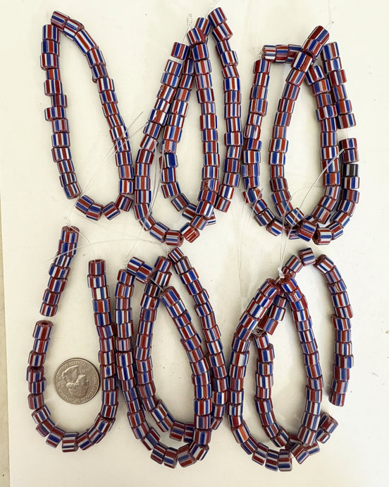 chevron motif glass, red blue white, 8x6mm heishi rondelle size mix, 10 strand closeout lot