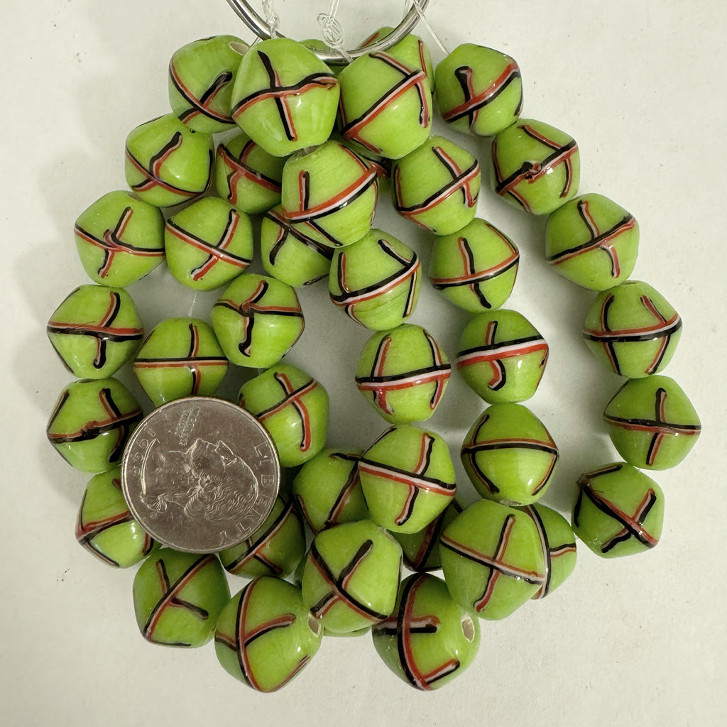 crossing lines motif glass, lime green white black red, 15mm bicone, 14 piece strand, sold per strand