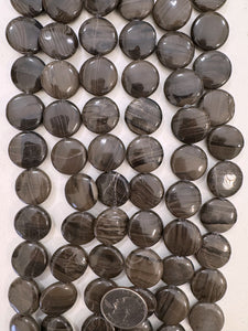 black antique jasper, 20x20x6mm coin, 15" strand, sold per strand