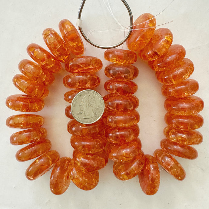 vintage look crackle faux amber resin, translucent red orange 28x10mm barrel, 19pc strand, sold per strand