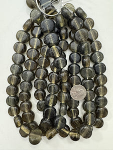 foil glass, dark olive green, 19x16x5mm coin, sold per 15" strand