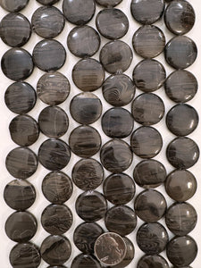 black antique jasper, 25x25x7mm coin, 15" strand, sold per strand