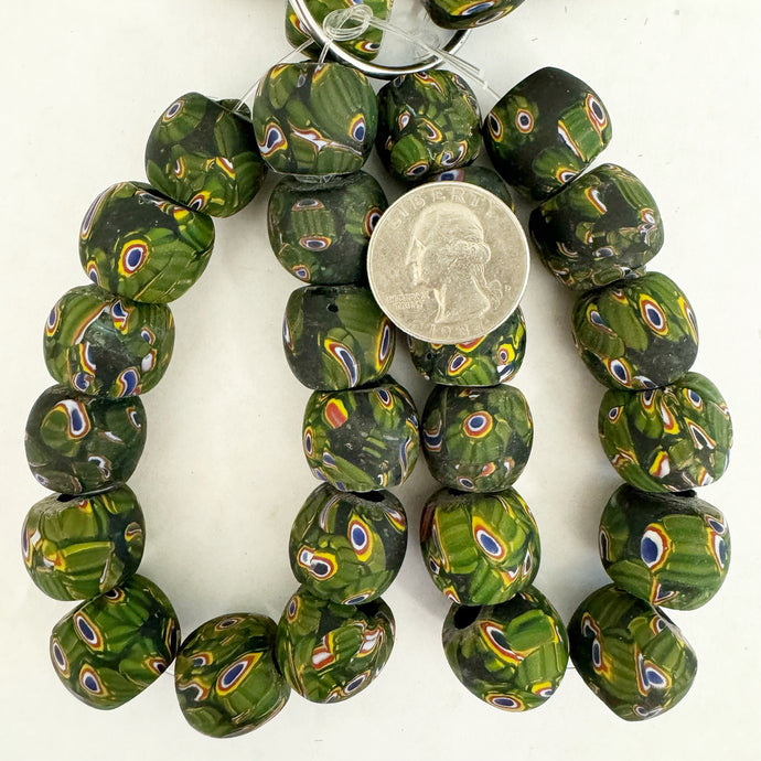 eyes motif glass, matte green yellow white blue black, 20x17mm rondelle, 12 piece strand, sold per strand