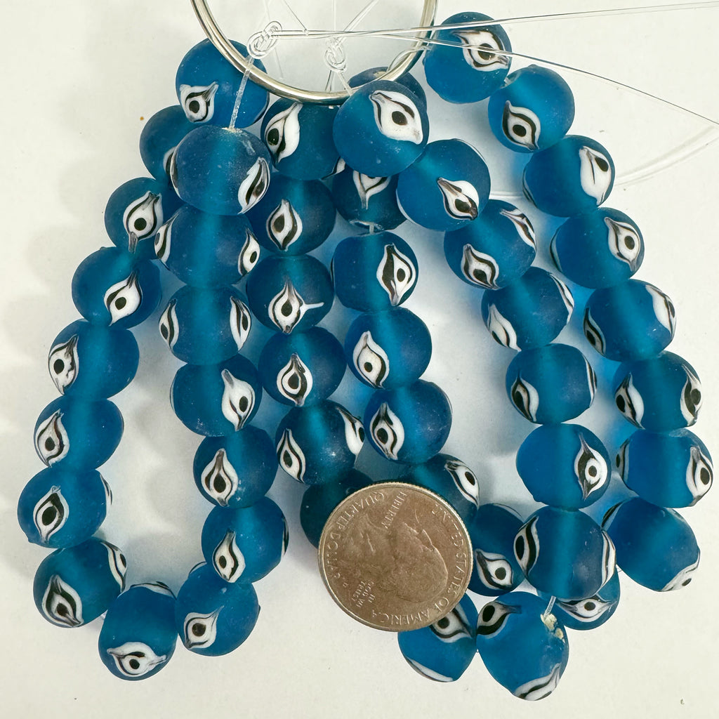 evil eye motif glass, matte finish electric blue black white , 14mm round size mix, 16 piece strand, sold per strand