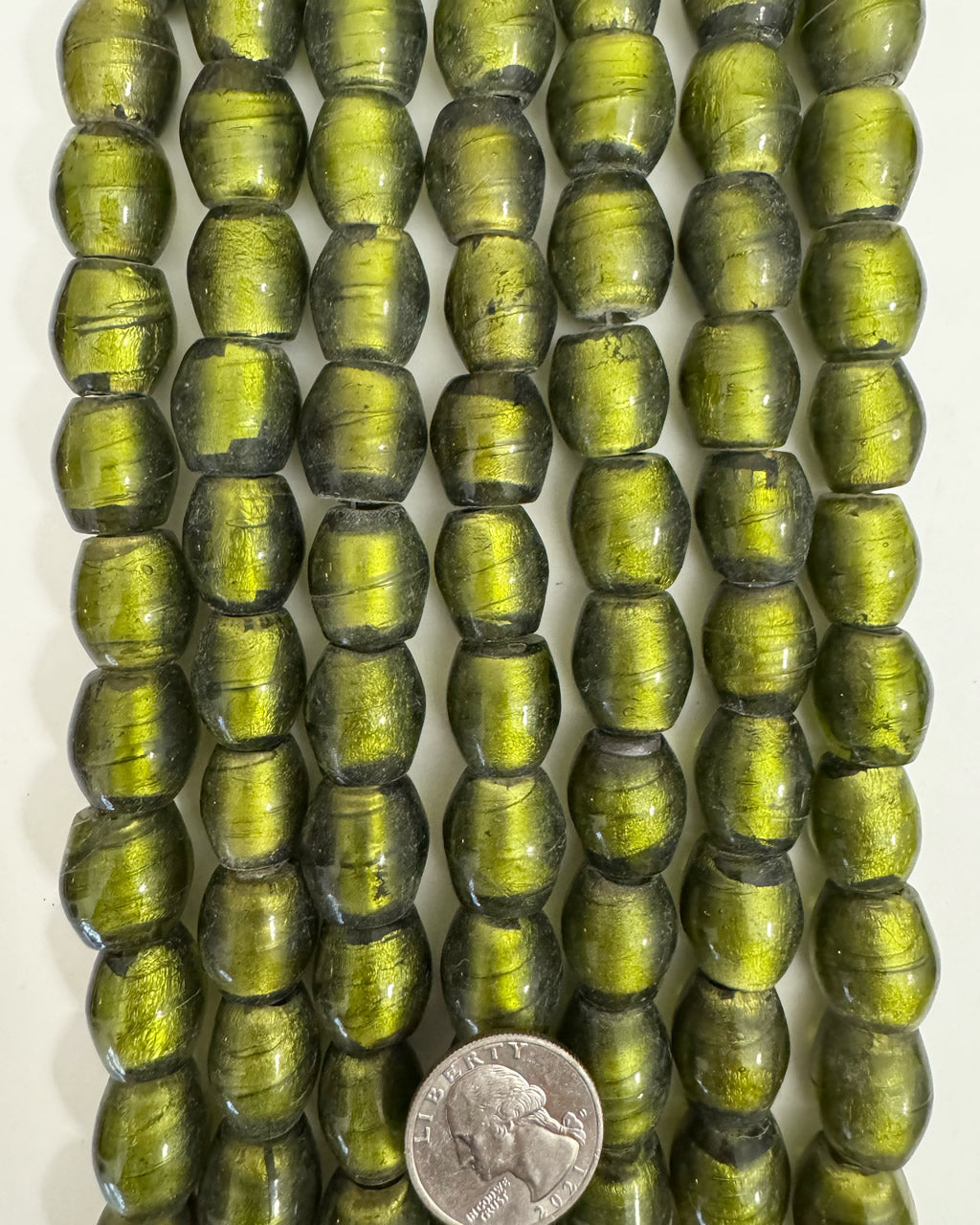 metallic inside lined glass, olive green, 17x16mm mixed size barrel, 15