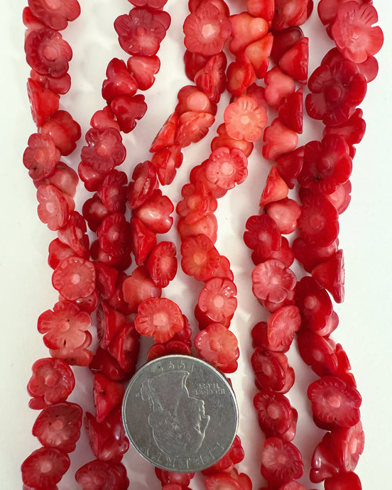 color enhanced ox blood coral, hand carved flower, 10x6mm mixed size button, 15