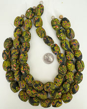 millefiori motif glass, matte green blue red white black, 23x18mm barrel, 15" strand, sold per strand