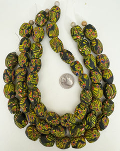 millefiori motif glass, matte green blue red white black, 23x18mm barrel, 15" strand, sold per strand