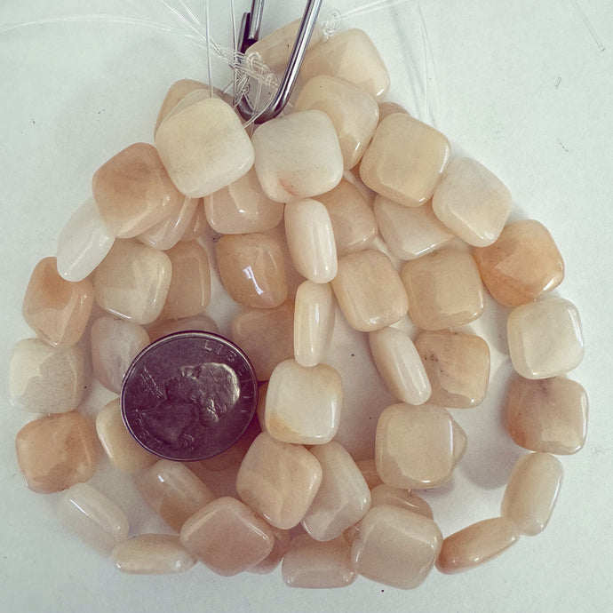 peach jade, 15x15x5mm puff square, 14 piece strand, sold per strand