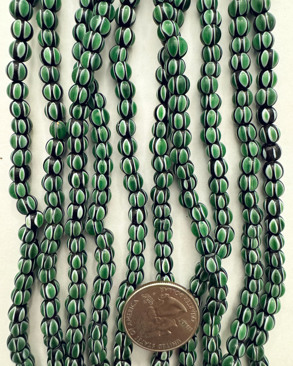 chevron motif glass, green black white , 6mm irregular round, 15