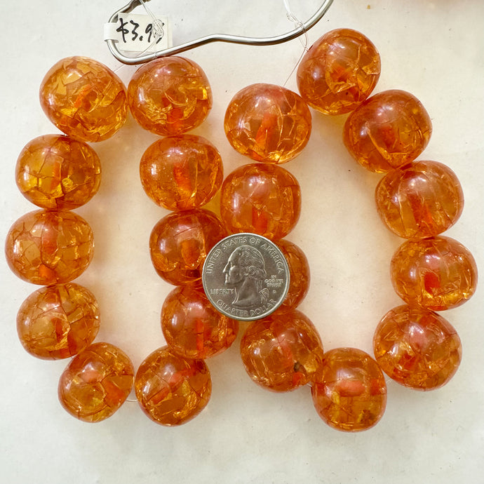 vintage look crackle faux amber resin, translucent red orange 24x22mm barrel, 10pc strand, sold per strand