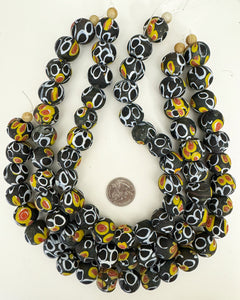 circles motif glass, matte black yellow white red, 19x17mm mixed size rondelle, 15" strand, sold per strand  (NEW CLEARANCE PRICE)