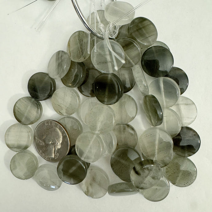 natural gray cloudy quartz, 16x16x6mm puff coin, 12pc strands, sold per strand