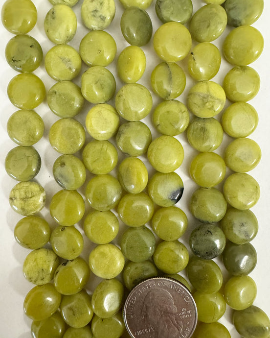 natural olive jade, 12x12x6mm puff coin, 15