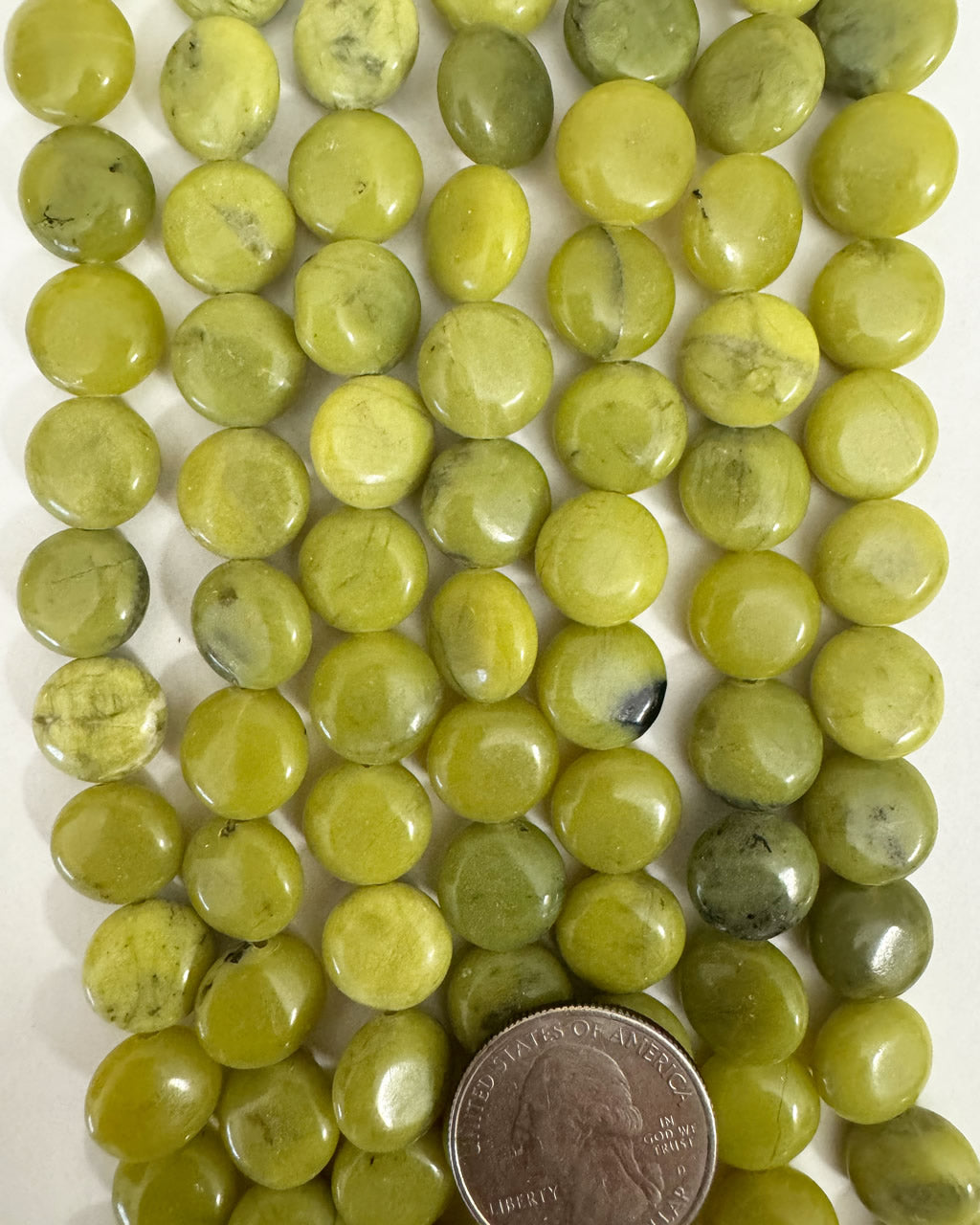 natural olive jade, 12x12x6mm puff coin, 15