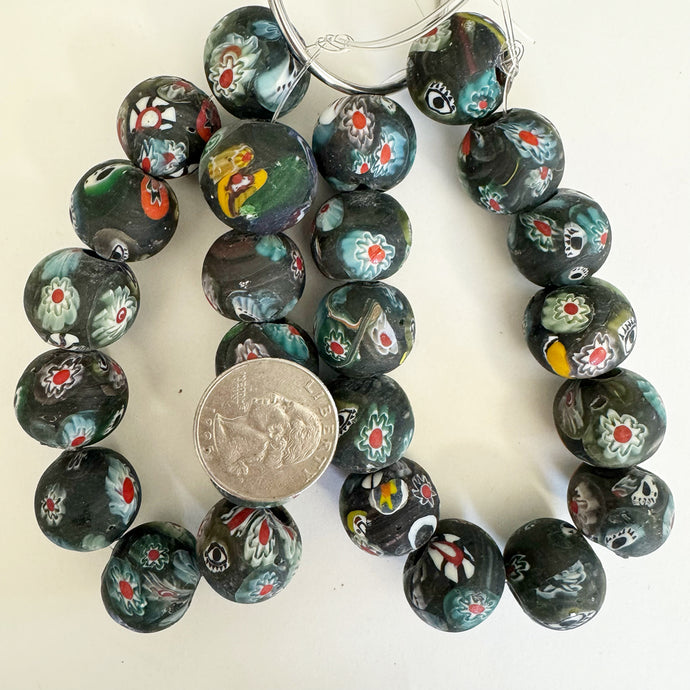 evil eye millefiori motif glass, matte black multi color, 19mm round size mix, 12 piece strand, sold per strand