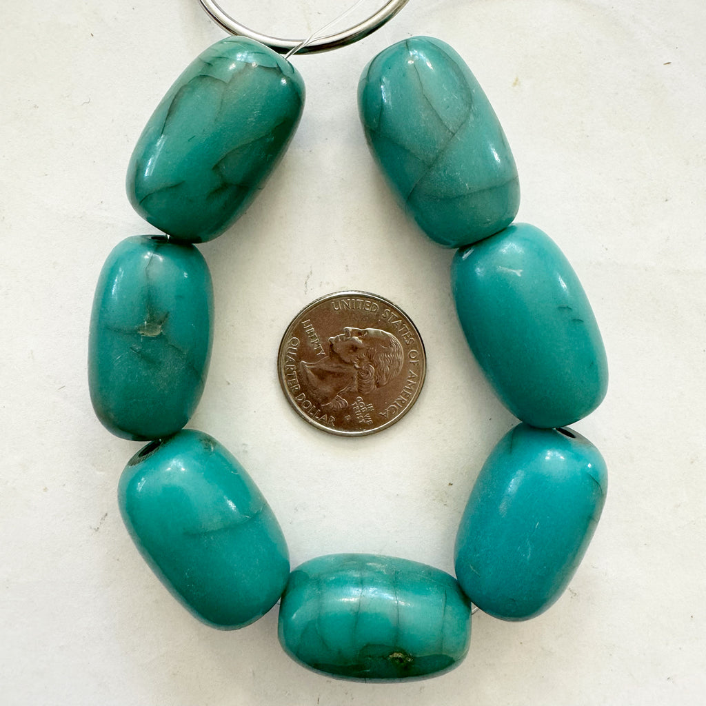 vintage look crackle resin, dark turquoise, 29x19mm barrel tube, 7pc strand, sold per strand