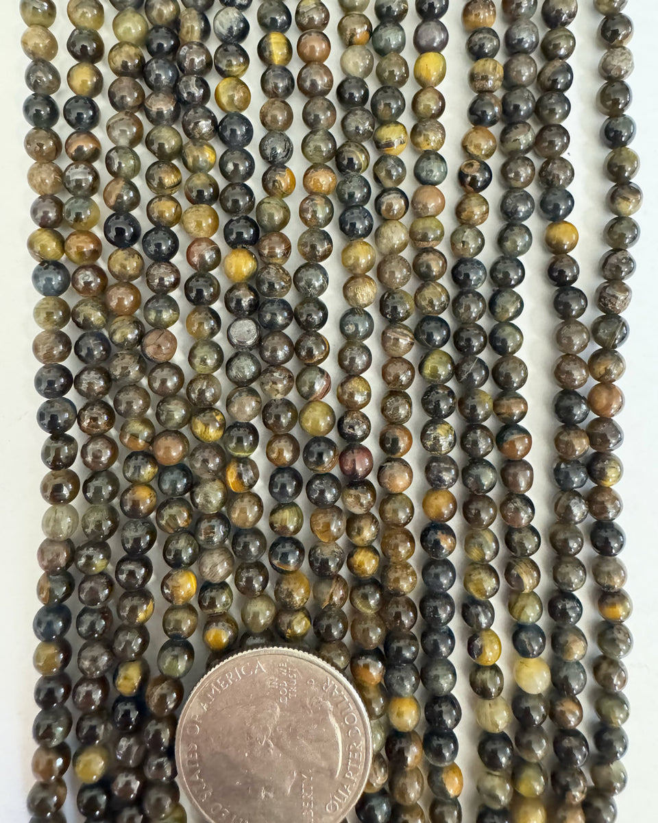 natural blue yellow tiger eye, 4mm round, 15