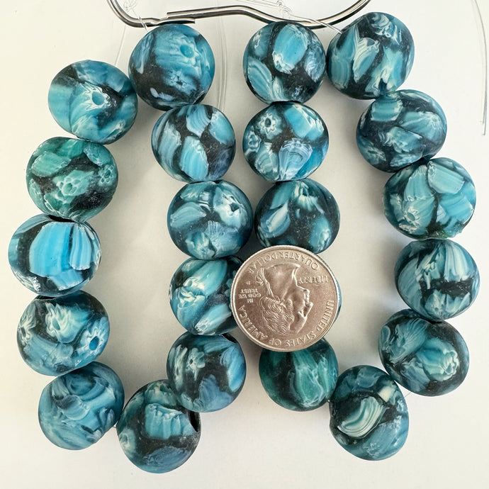 millefiori motif glass, matte aqua blue white, 20mm mixed size round, 11 piece  strand, sold per strand