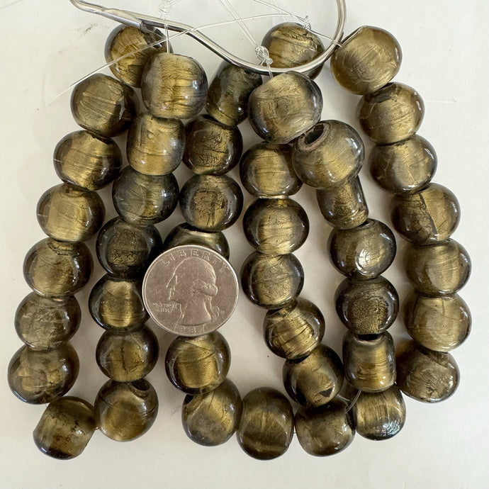 metallic foil inside lined glass, gray brown, 17x14x12mm coin, 15 piece strand, sold per strand