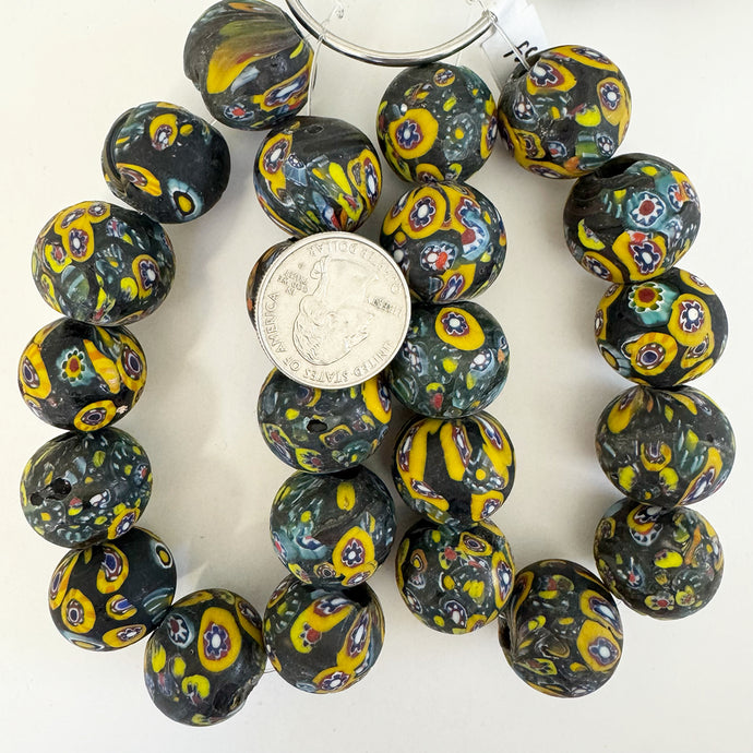 millefiori motif glass, matte black yellow blue multi, 20mm mixed size round, 11 piece strand, sold per strand