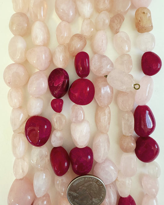 natural rose quartz color enhanced ruby quartz mix, ancient look, some off center drilled,  11-22mm size shape mix, 15