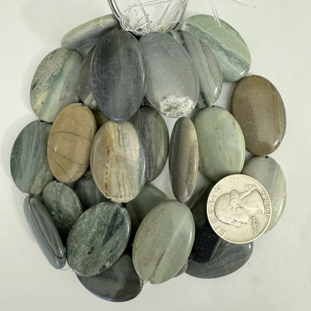 natural green forest jasper, 30x20x6mm puff oval, 7pc strands, sold per strand