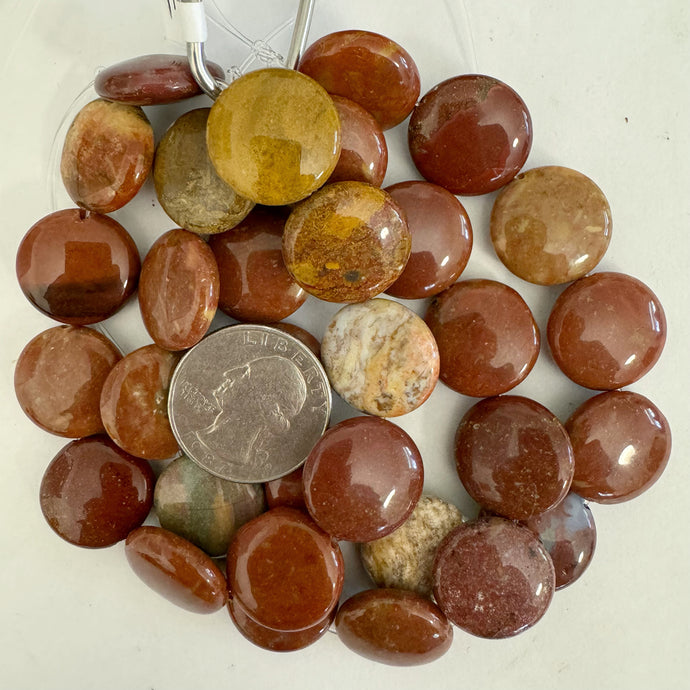 Red Wooden Jasper, 20x20x6mm puff coin, 11 piece strand, sold per strand