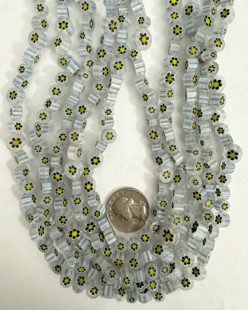 floral motif glass,  gray blue black white yellow, 7-9mm coin mix, 15