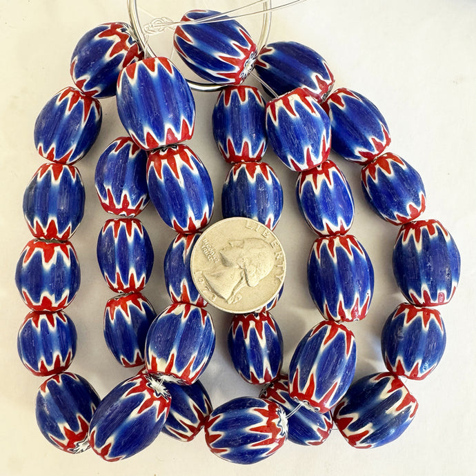 vintage chevron motif glass, red white blue black, 18-22mm barrel mix, 11 piece strand, sold per strand