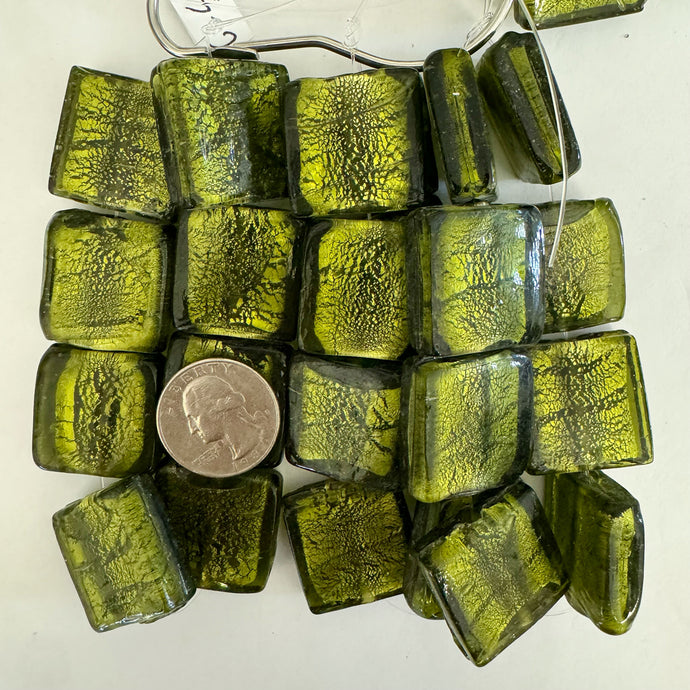 metallic foil inside lined glass, olive green, 27x27x9mm puff square, 8 piece strand, sold per strand