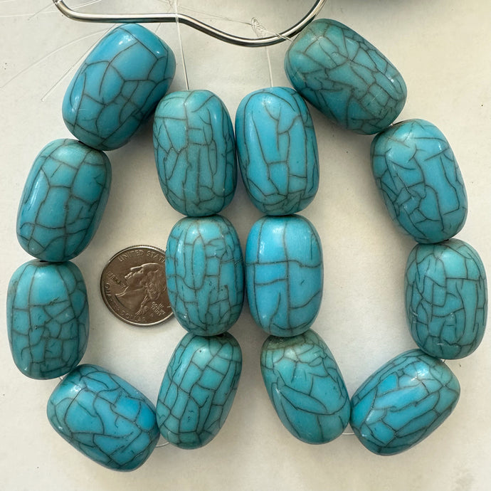 vintage look crackle motif resin, dark yellowed turquoise, 31x20mm tube, 7 piece strand, sold per strand