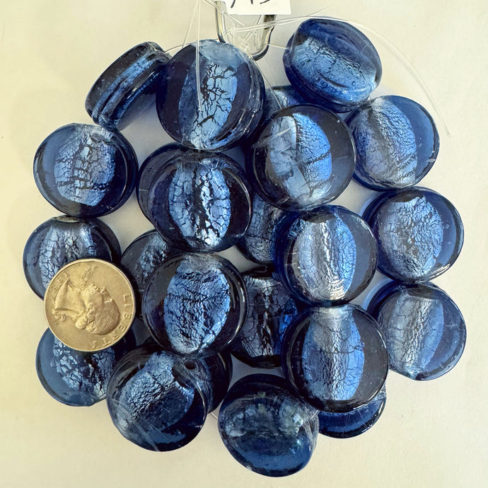 metallic foil inside lined glass, dark steel blue, 27x25x11mm puff coin, 8 piece strand, sold per strand