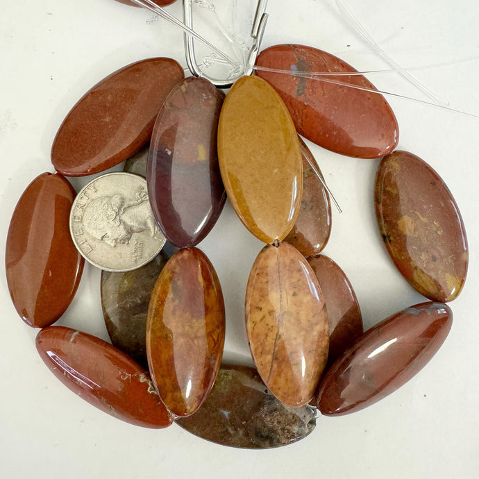 Red Wooden Jasper, 40x22x7mm puff horse eye, 5 piece strand, sold per strand