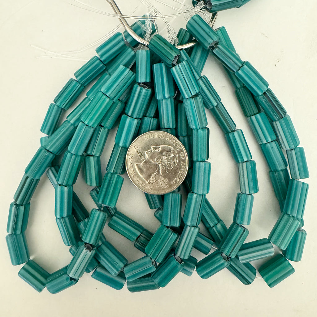 chevron motif glass, teal blue white , 12x8mm tube, 17 piece strand, sold per strand