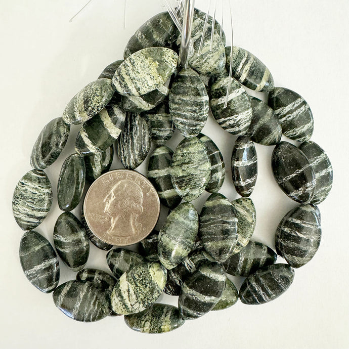 green zebra jasper, 20x13x6mm puff horse eye, 10 piece strand, sold per strand