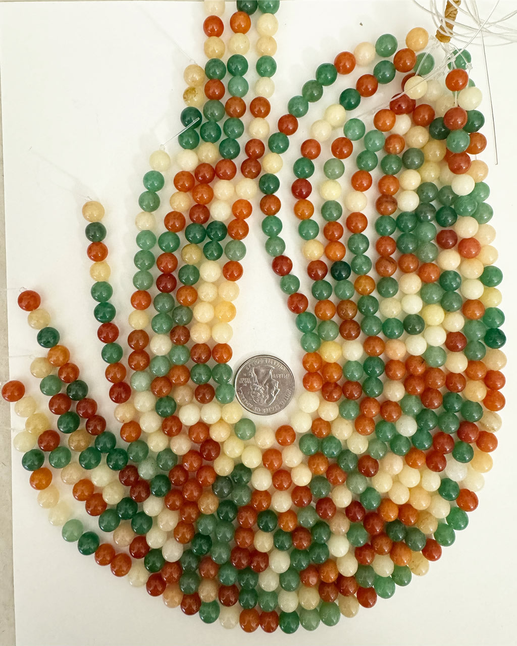 natural stone mix red and green aventurine, old yellow jade, 8mm round, 10 strand closeout lot