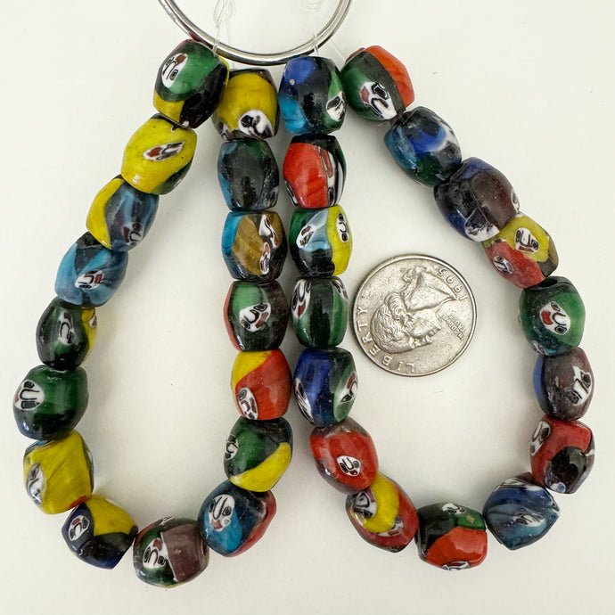 ghost face motif glass, multi color, 12mm mixed size barrel, 16 piece strand, sold per strand