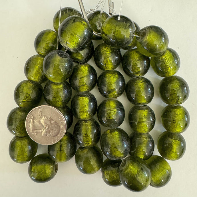 metallic foil inside lined glass, olive green, 17mm round, 12 piece strand, sold per strand