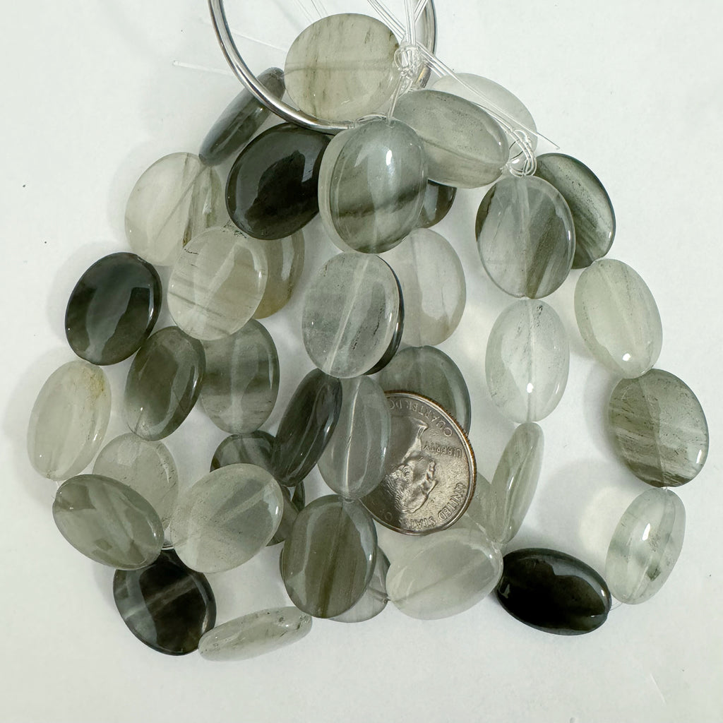 natural gray cloudy quartz, 20x15x6mm puff oval, 10pc strands, sold per strand