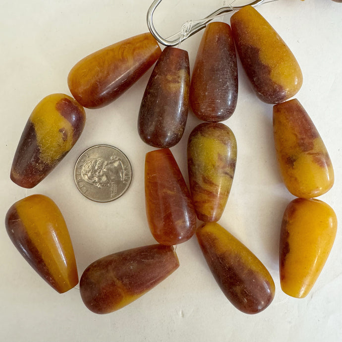 faux amber vintage look resin, yellow orange red swirl, 38x19mm teardrop, 6pc strand, sold per strand