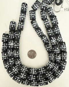 star crossing lines motif glass, matte black white, 21x15mm tube size mix, 15" strand, sold per strand  (NEW CLEARANCE PRICE)